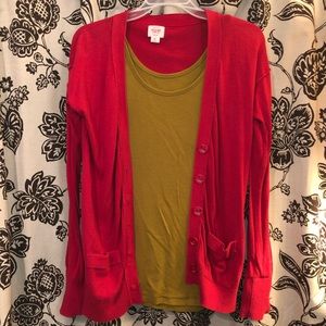 Red button-up pocket cardigan